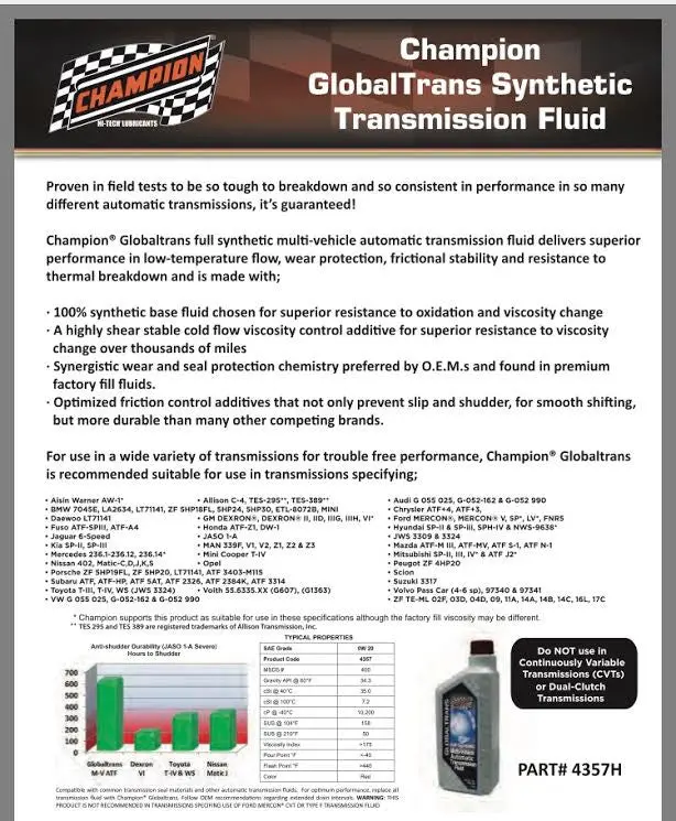 Champion Global Trans Synthetic Transmission Fluid 4357H One Quart 2