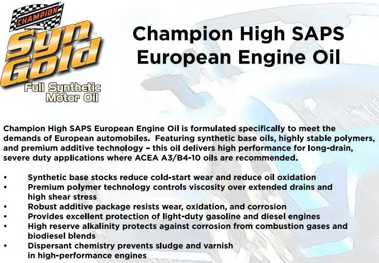 Champion Racing Oil European Syngold Full Synthetic 5W-40 (1 Quart) Saps 4434H 2