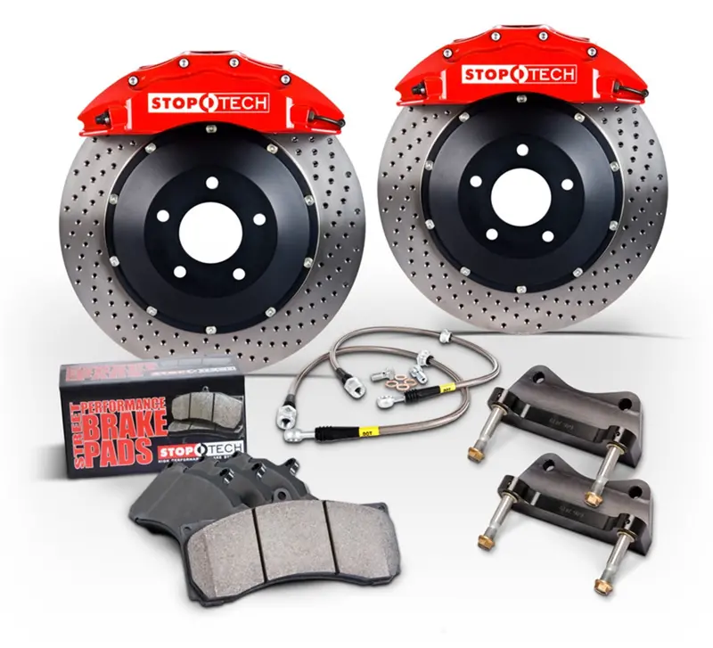Stoptech 83.551.4300.74 Big Brake Kit – Front Axle, Red Calipers, Drilled Two-Piece Rotors 1