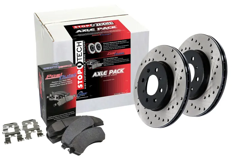 Stoptech 936.62042 Street Axle Brake Kit – Front & Rear Drilled Rotors 1