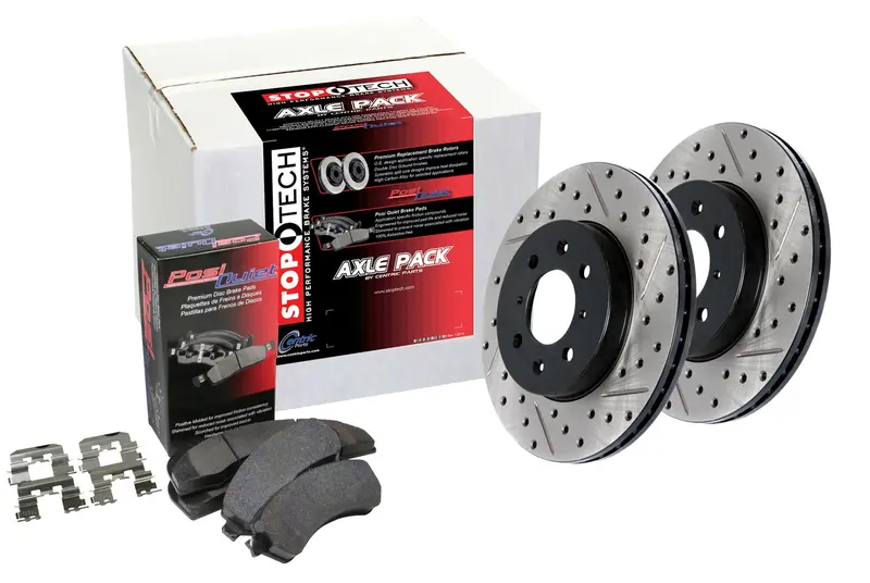 Stoptech 938.61019 Street Axle Brake Kit – Front Drilled & Slotted Rotors With Premium Pads 1