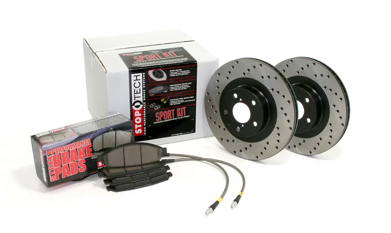 Stoptech 979.42007F Sport Brake Axle Pack – Drilled Front Rotors With Stainless Steel Brake Lines 1